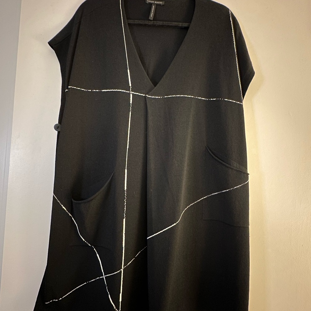 Sarah Pacini Black Poncho with White Stitching